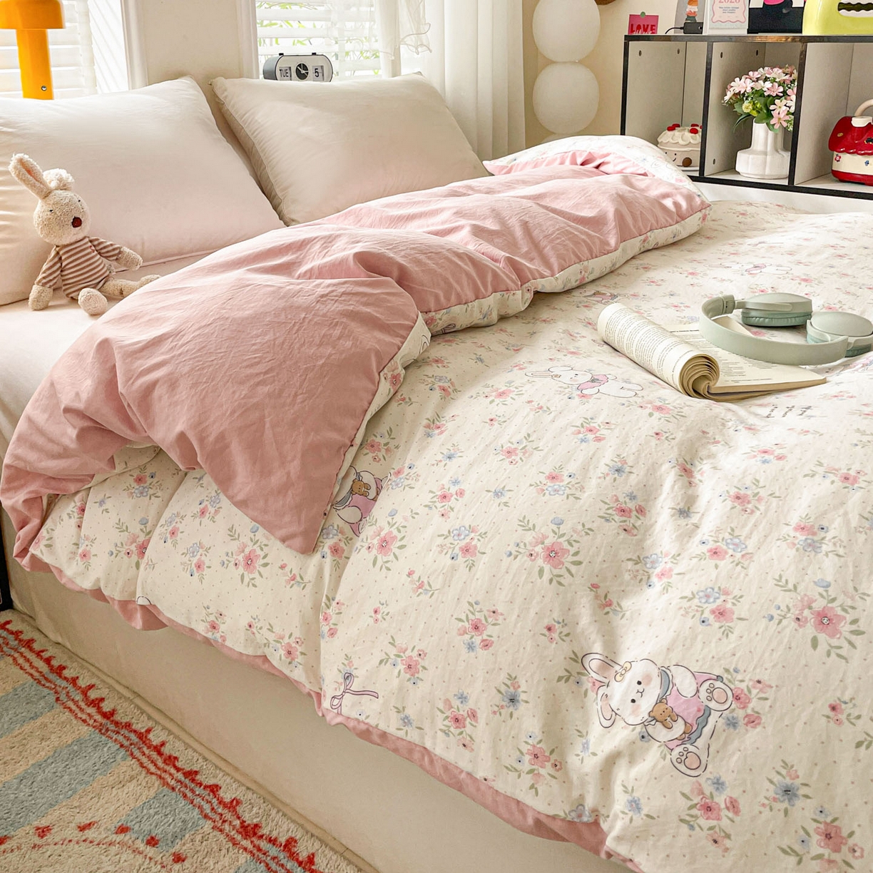 91家纺网 家纺一手货源 找家纺 纽缦家纺 2026新款A类105g仿棉四件套古法水洗棉单被套 美丽小兔