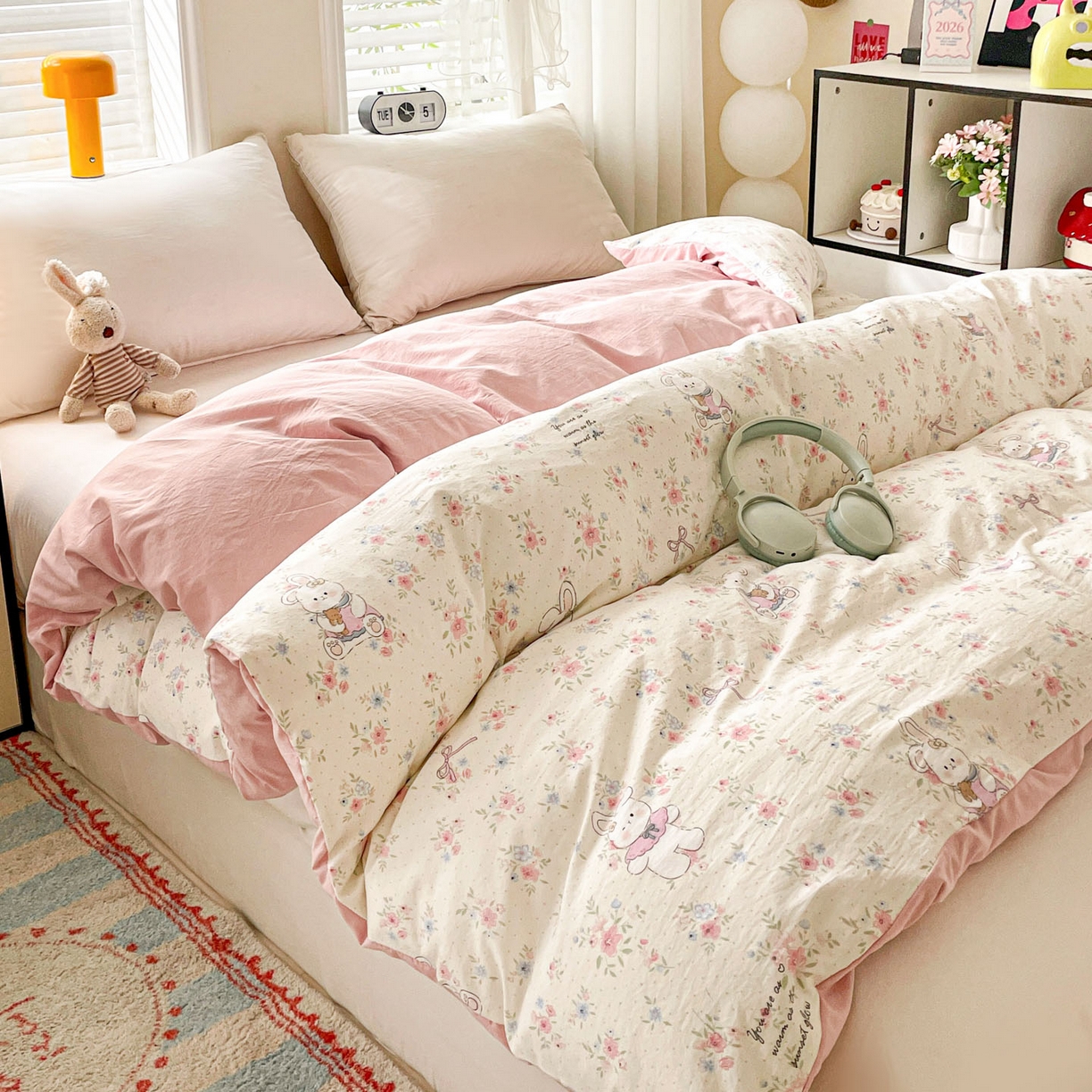 91家纺网 家纺一手货源 找家纺 纽缦家纺 2026新款A类105g仿棉四件套古法水洗棉单被套 美丽小兔