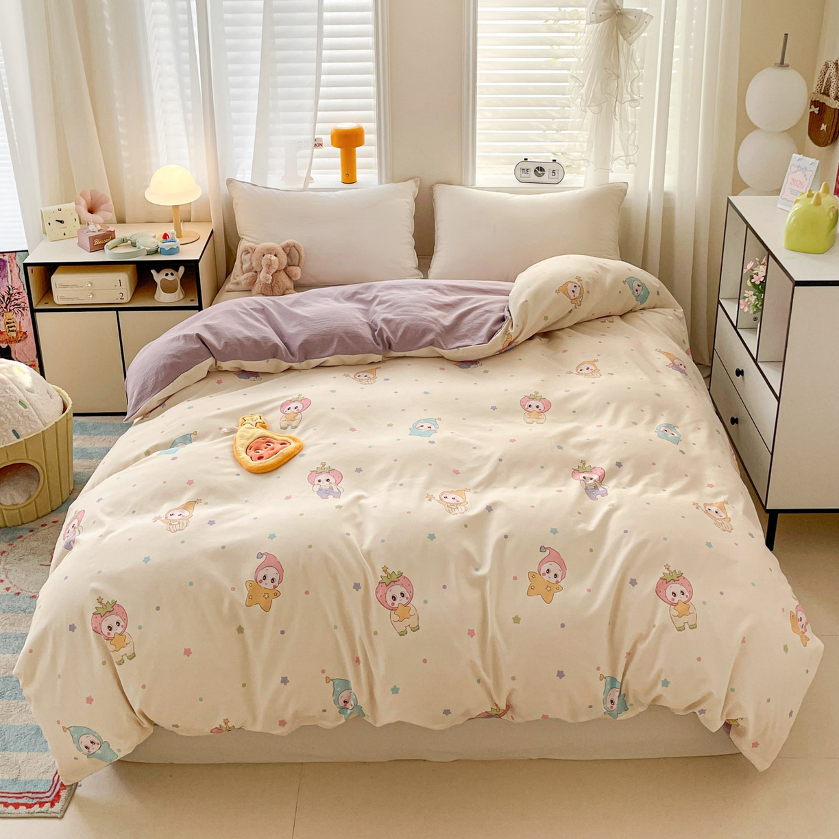 91家纺网 家纺一手货源 找家纺 纽缦家纺 2026新款A类105g仿棉四件套古法水洗棉单被套 星星