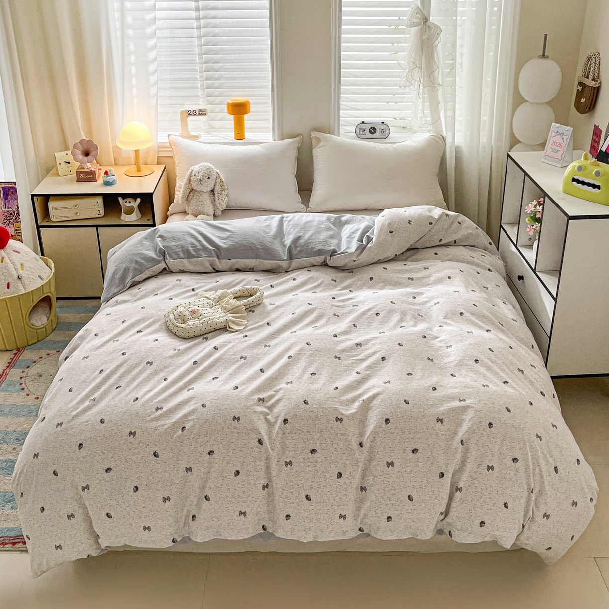 91家纺网 家纺一手货源 找家纺 纽缦家纺 2026新款A类105g仿棉四件套古法水洗棉单被套 初春灰