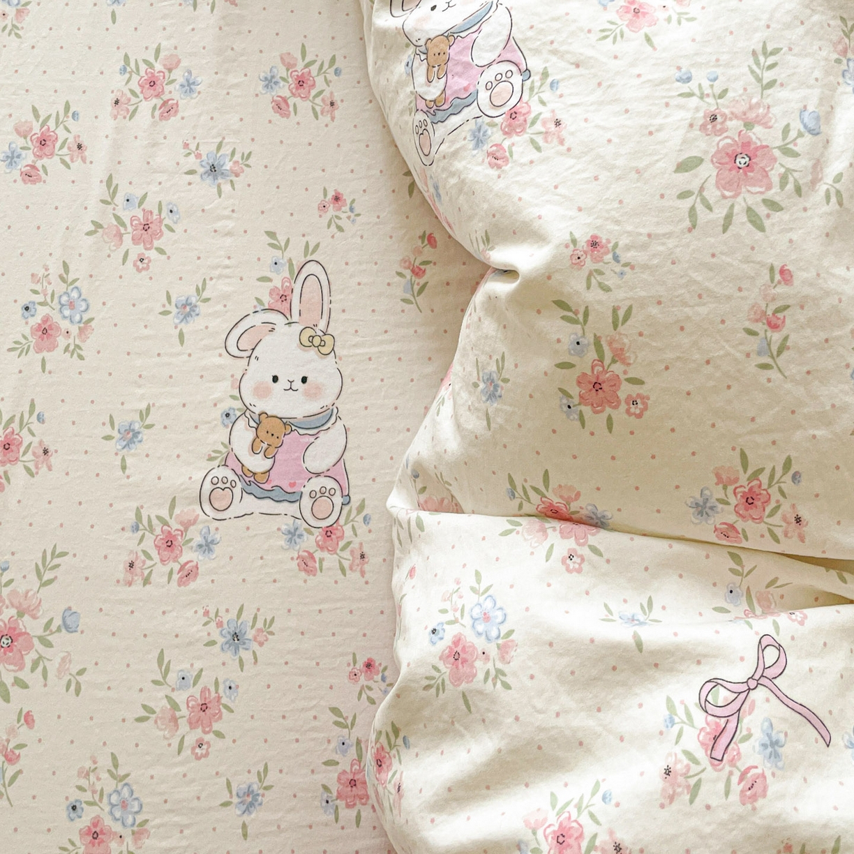 91家纺网 家纺一手货源 找家纺 纽缦家纺 2026新款A类105g仿棉四件套古法水洗棉单被套 美丽小兔