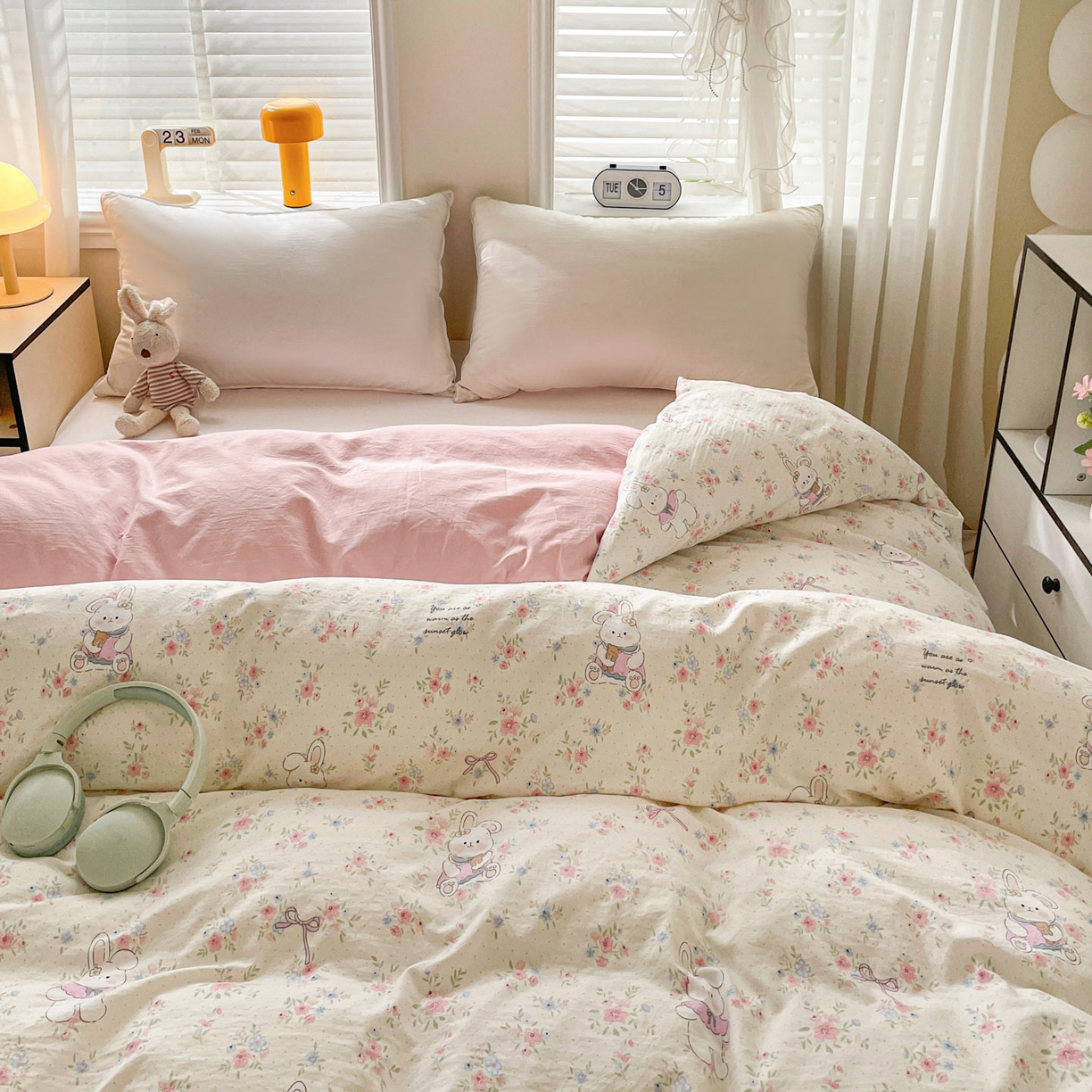 91家纺网 家纺一手货源 找家纺 纽缦家纺 2026新款A类105g仿棉四件套古法水洗棉单被套 美丽小兔