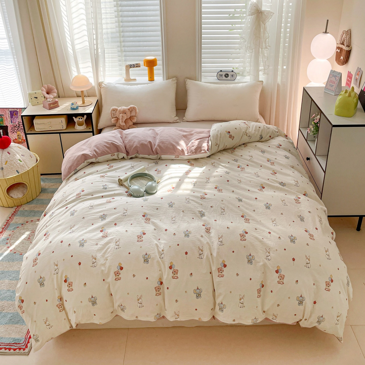 91家纺网 家纺一手货源 找家纺 纽缦家纺 2026新款A类105g仿棉四件套古法水洗棉单被套 小飞象