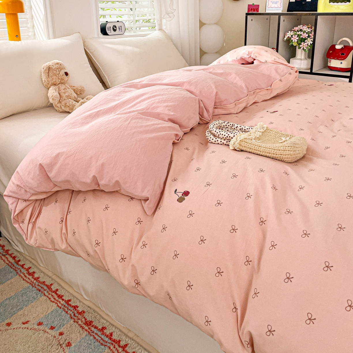 91家纺网 家纺一手货源 找家纺 纽缦家纺 2026新款A类105g仿棉四件套古法水洗棉单被套 梦樱粉