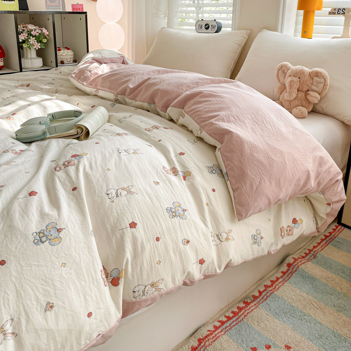 91家纺网 家纺一手货源 找家纺 纽缦家纺 2026新款A类105g仿棉四件套古法水洗棉单被套 小飞象