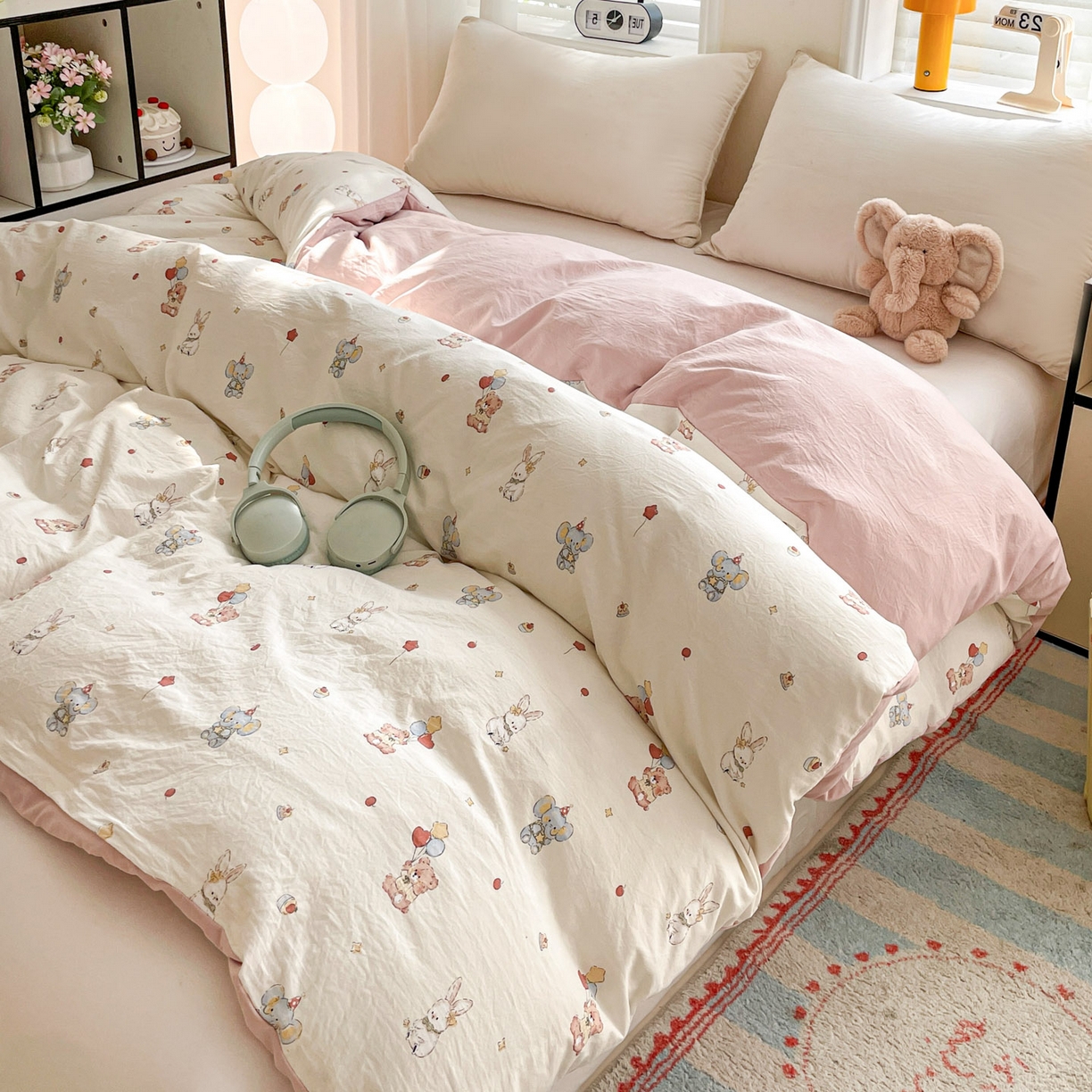 91家纺网 家纺一手货源 找家纺 纽缦家纺 2026新款A类105g仿棉四件套古法水洗棉单被套 小飞象