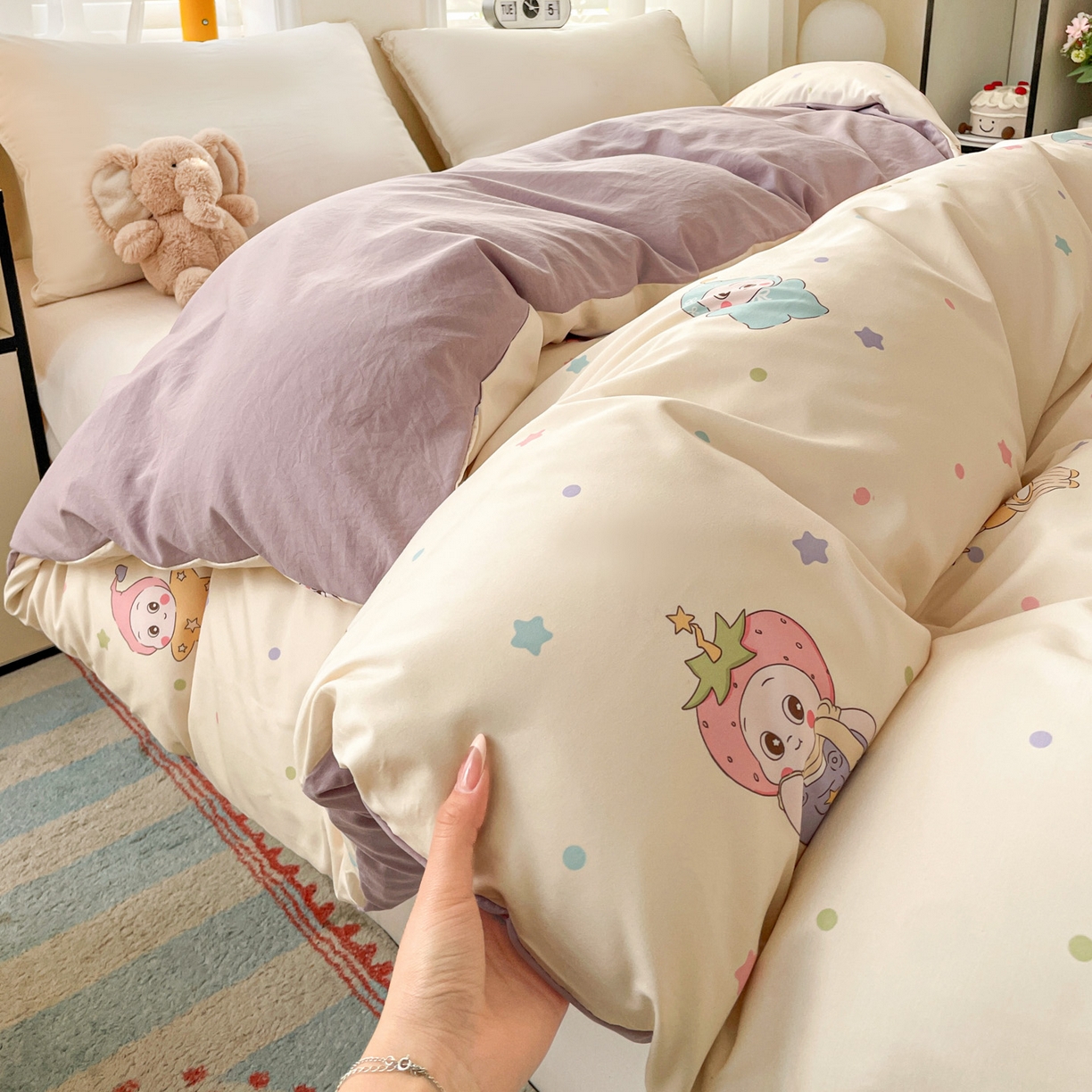 91家纺网 家纺一手货源 找家纺 纽缦家纺 2026新款A类105g仿棉四件套古法水洗棉单被套 星星