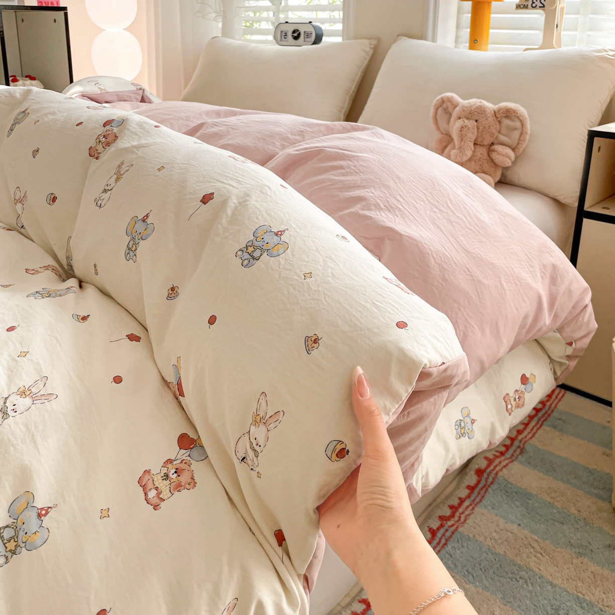 纽缦家纺 2026新款A类105g仿棉四件套古法水洗棉单被套 小飞象