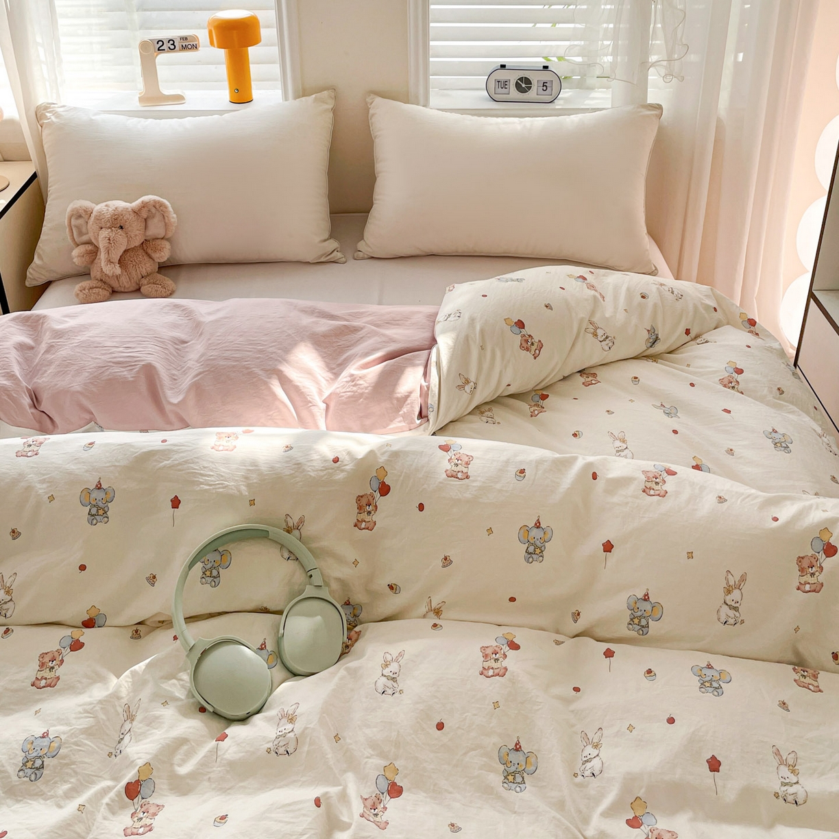 91家纺网 家纺一手货源 找家纺 纽缦家纺 2026新款A类105g仿棉四件套古法水洗棉单被套 小飞象