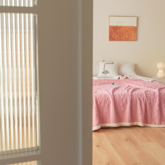 91家纺网 家纺一手货源 找家纺 优雅星家纺 2026直播热款高克重双面绒塔芙绒羊羔绒复合提花毯子毛毯盖毯 藕粉