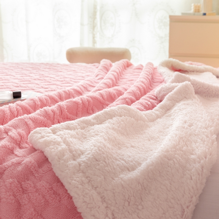 91家纺网 家纺一手货源 找家纺 优雅星家纺 2026直播热款高克重双面绒塔芙绒羊羔绒复合提花毯子毛毯盖毯 藕粉