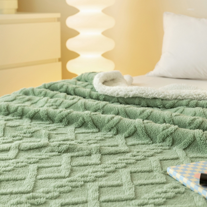 91家纺网 家纺一手货源 找家纺 优雅星家纺 2026直播热款高克重双面绒塔芙绒羊羔绒复合提花毯子毛毯盖毯 橄榄绿