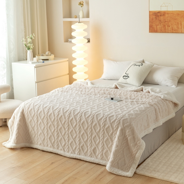 91家纺网 家纺一手货源 找家纺 优雅星家纺 2026直播热款高克重双面绒塔芙绒羊羔绒复合提花毯子毛毯盖毯 米白色