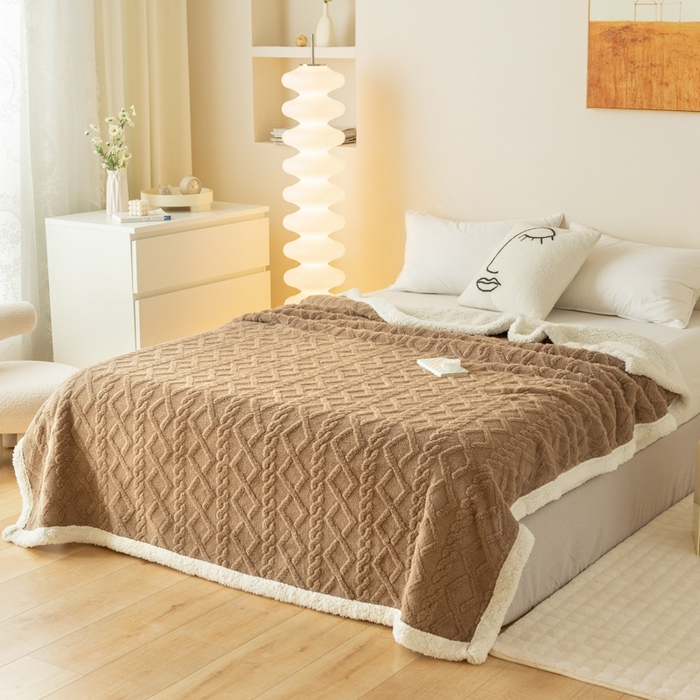 91家纺网 家纺一手货源 找家纺 优雅星家纺 2026直播热款高克重双面绒塔芙绒羊羔绒复合提花毯子毛毯盖毯 咖啡色