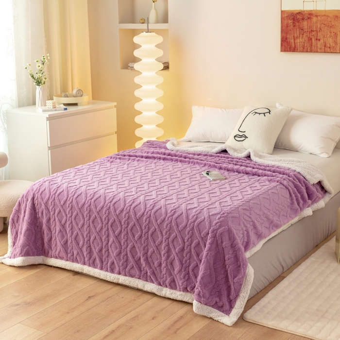 91家纺网 家纺一手货源 找家纺 优雅星家纺 2026直播热款高克重双面绒塔芙绒羊羔绒复合提花毯子毛毯盖毯 优雅紫