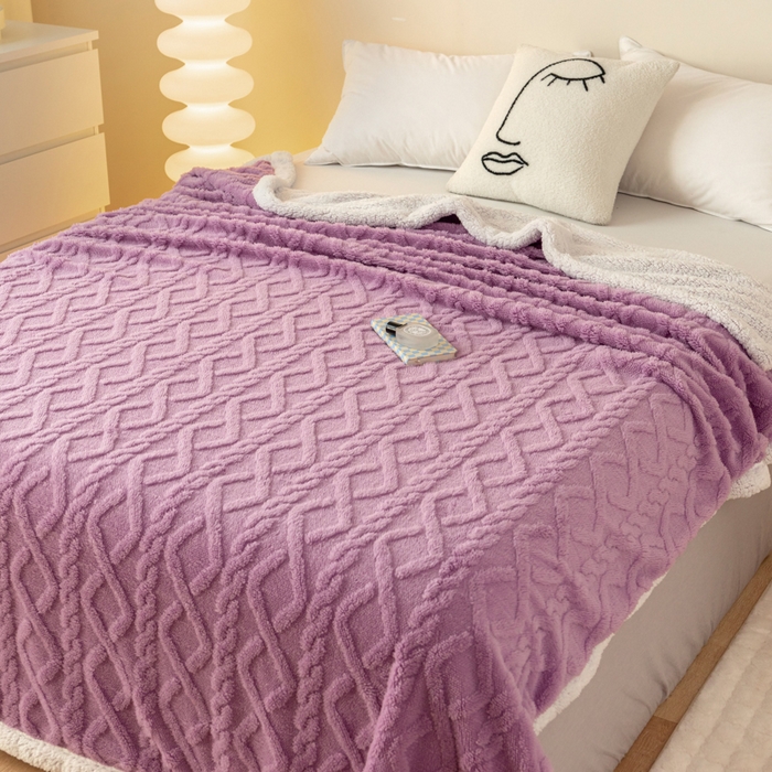 91家纺网 家纺一手货源 找家纺 优雅星家纺 2026直播热款高克重双面绒塔芙绒羊羔绒复合提花毯子毛毯盖毯 优雅紫