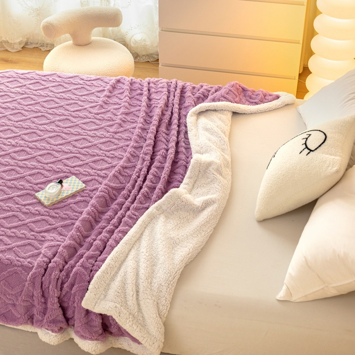 91家纺网 家纺一手货源 找家纺 优雅星家纺 2026直播热款高克重双面绒塔芙绒羊羔绒复合提花毯子毛毯盖毯 优雅紫