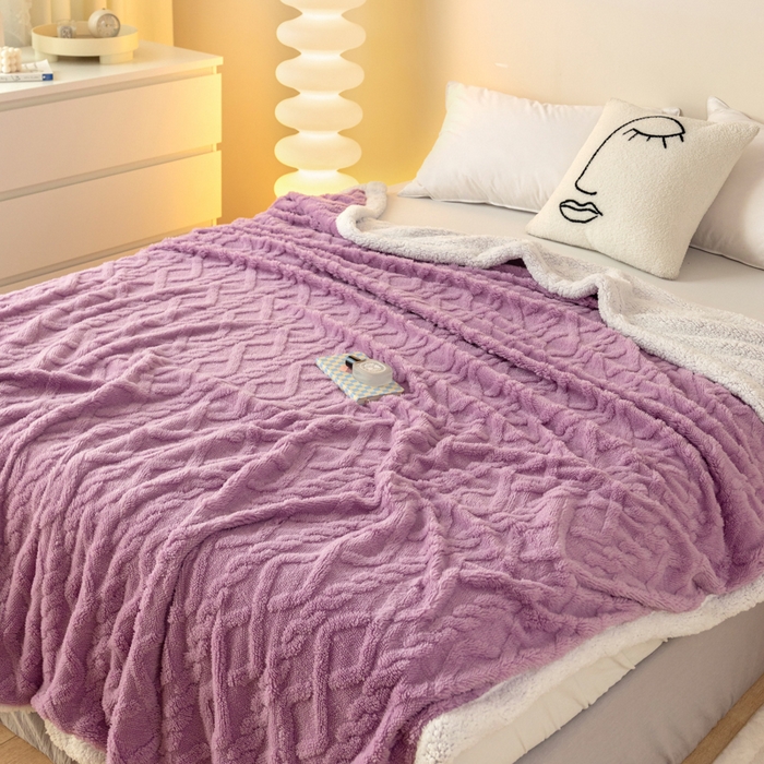 91家纺网 家纺一手货源 找家纺 优雅星家纺 2026直播热款高克重双面绒塔芙绒羊羔绒复合提花毯子毛毯盖毯 优雅紫