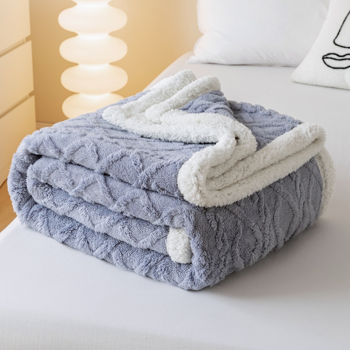 91家纺网 家纺一手货源 找家纺 优雅星家纺 2026直播热款高克重双面绒塔芙绒羊羔绒复合提花毯子毛毯盖毯 高级灰