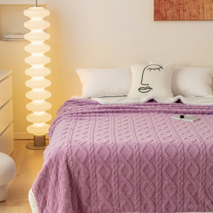 91家纺网 家纺一手货源 找家纺 优雅星家纺 2026直播热款高克重双面绒塔芙绒羊羔绒复合提花毯子毛毯盖毯 优雅紫