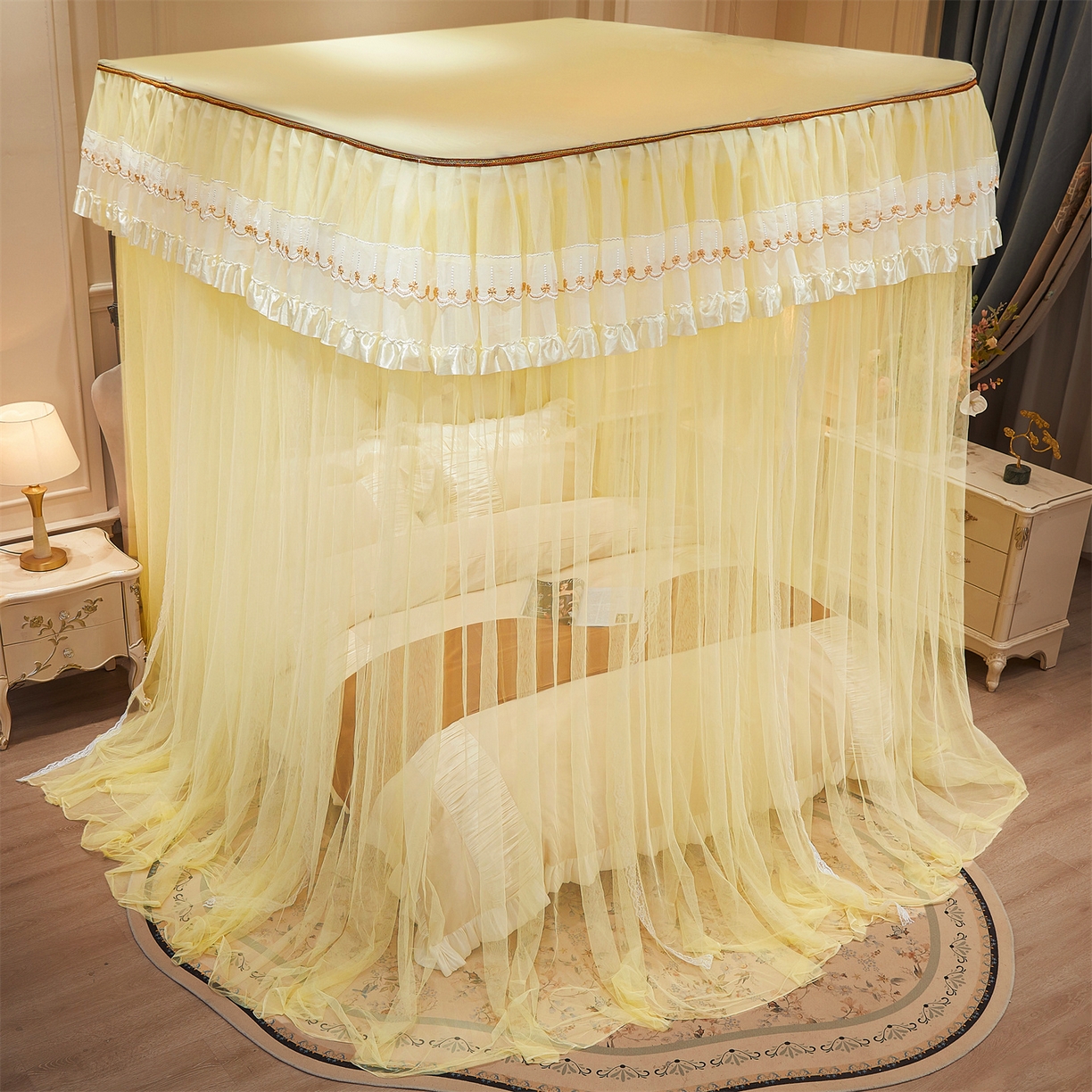 91家纺网 家纺一手货源 找家纺 （总）舞夜盛世 2026新款U型导轨落地宫廷蚊帐-花好月圆