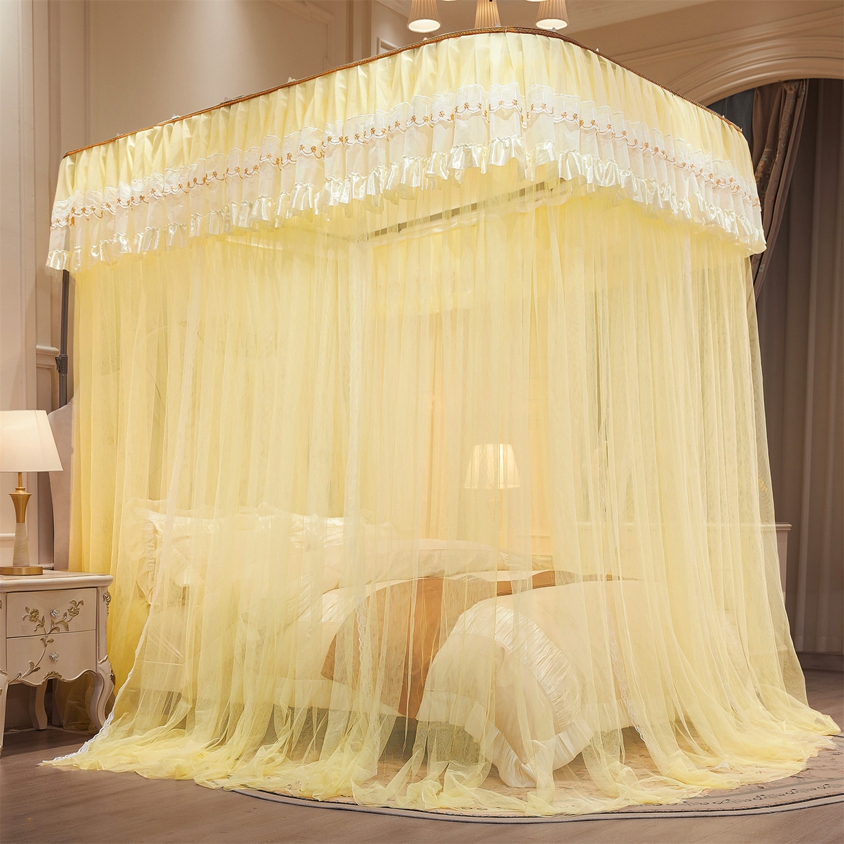 91家纺网 家纺一手货源 找家纺 （总）舞夜盛世 2026新款U型导轨落地宫廷蚊帐-花好月圆