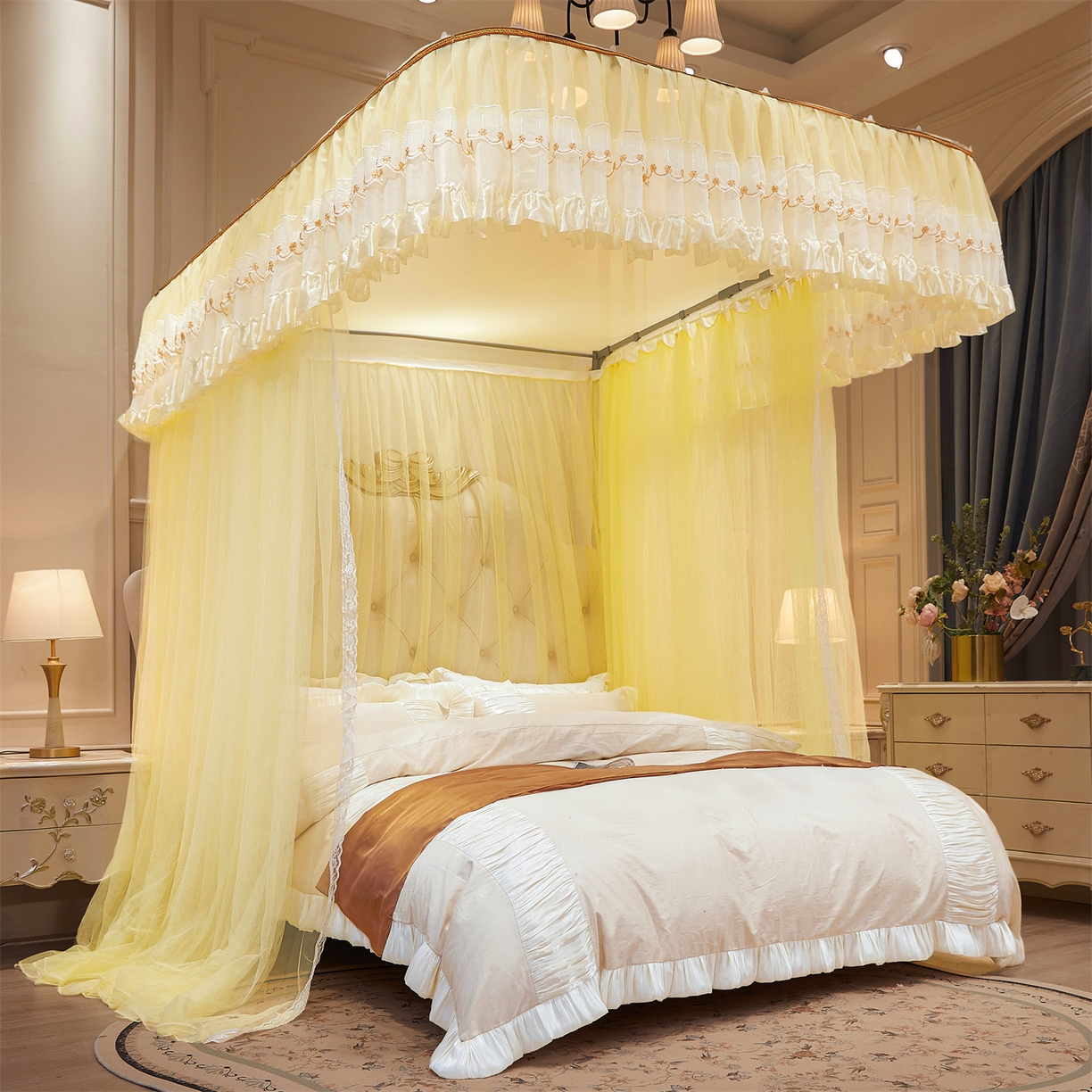 91家纺网 家纺一手货源 找家纺 （总）舞夜盛世 2026新款U型导轨落地宫廷蚊帐-花好月圆