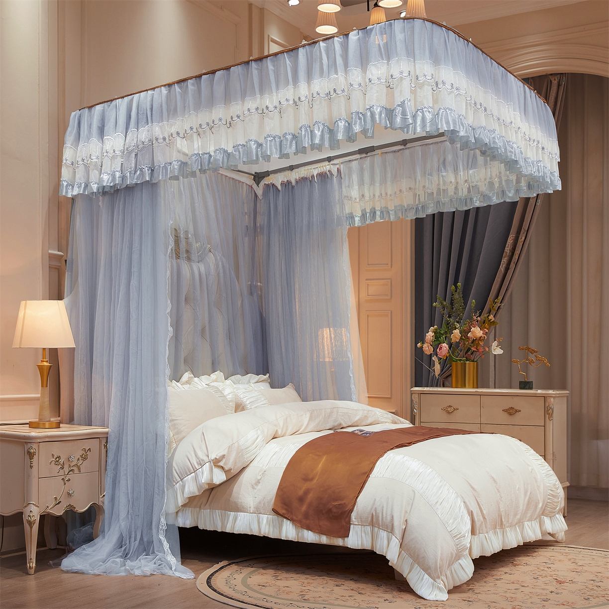 91家纺网 家纺一手货源 找家纺 舞夜盛世 2026新款U型导轨落地宫廷蚊帐-花好月圆 花好月圆-灰色