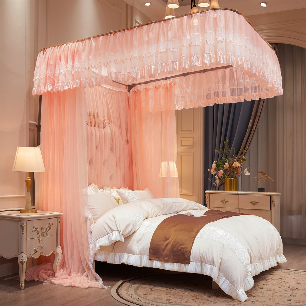 91家纺网 家纺一手货源 找家纺 舞夜盛世 2026新款U型导轨落地宫廷蚊帐-花好月圆 花好月圆-玉色