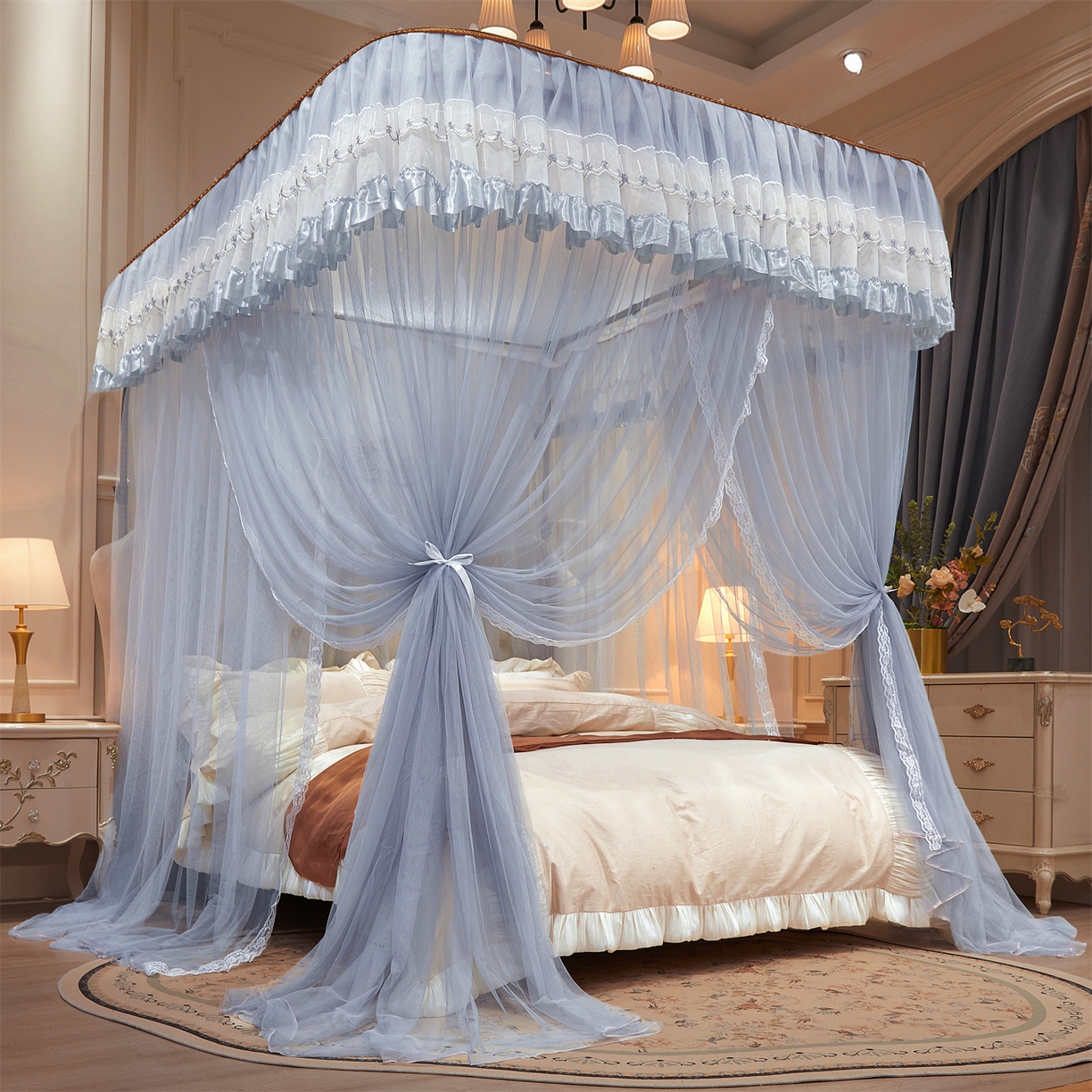 91家纺网 家纺一手货源 找家纺 舞夜盛世 2026新款U型导轨落地宫廷蚊帐-花好月圆 花好月圆-灰色