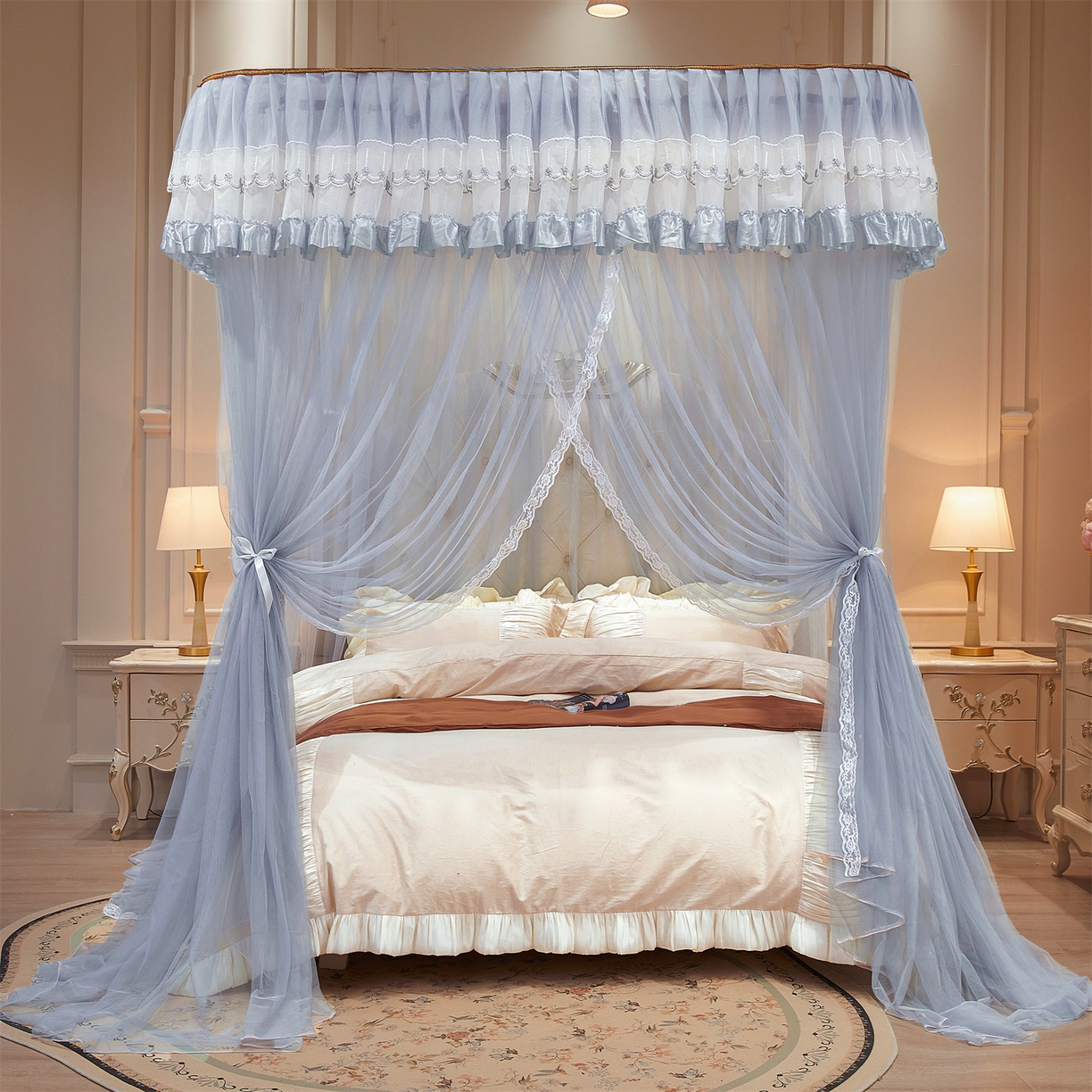 91家纺网 家纺一手货源 找家纺 舞夜盛世 2026新款U型导轨落地宫廷蚊帐-花好月圆 花好月圆-灰色