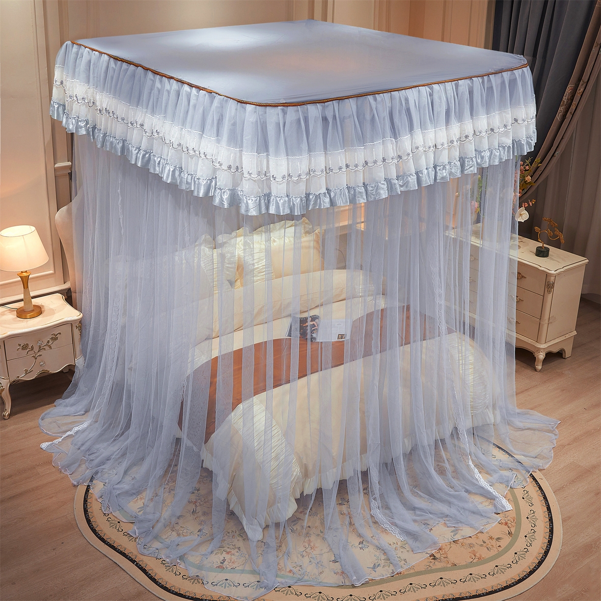 91家纺网 家纺一手货源 找家纺 舞夜盛世 2026新款U型导轨落地宫廷蚊帐-花好月圆 花好月圆-灰色