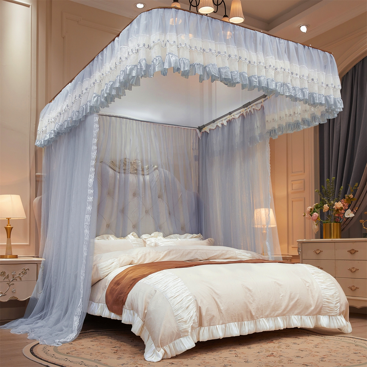 91家纺网 家纺一手货源 找家纺 舞夜盛世 2026新款U型导轨落地宫廷蚊帐-花好月圆 花好月圆-灰色