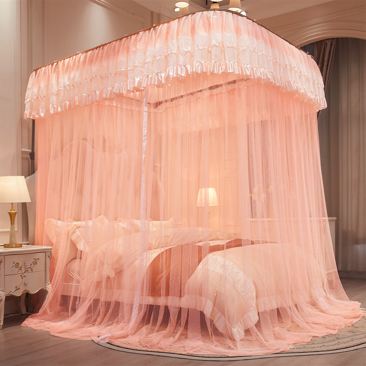 91家纺网 家纺一手货源 找家纺 舞夜盛世 2026新款U型导轨落地宫廷蚊帐-花好月圆 花好月圆-玉色