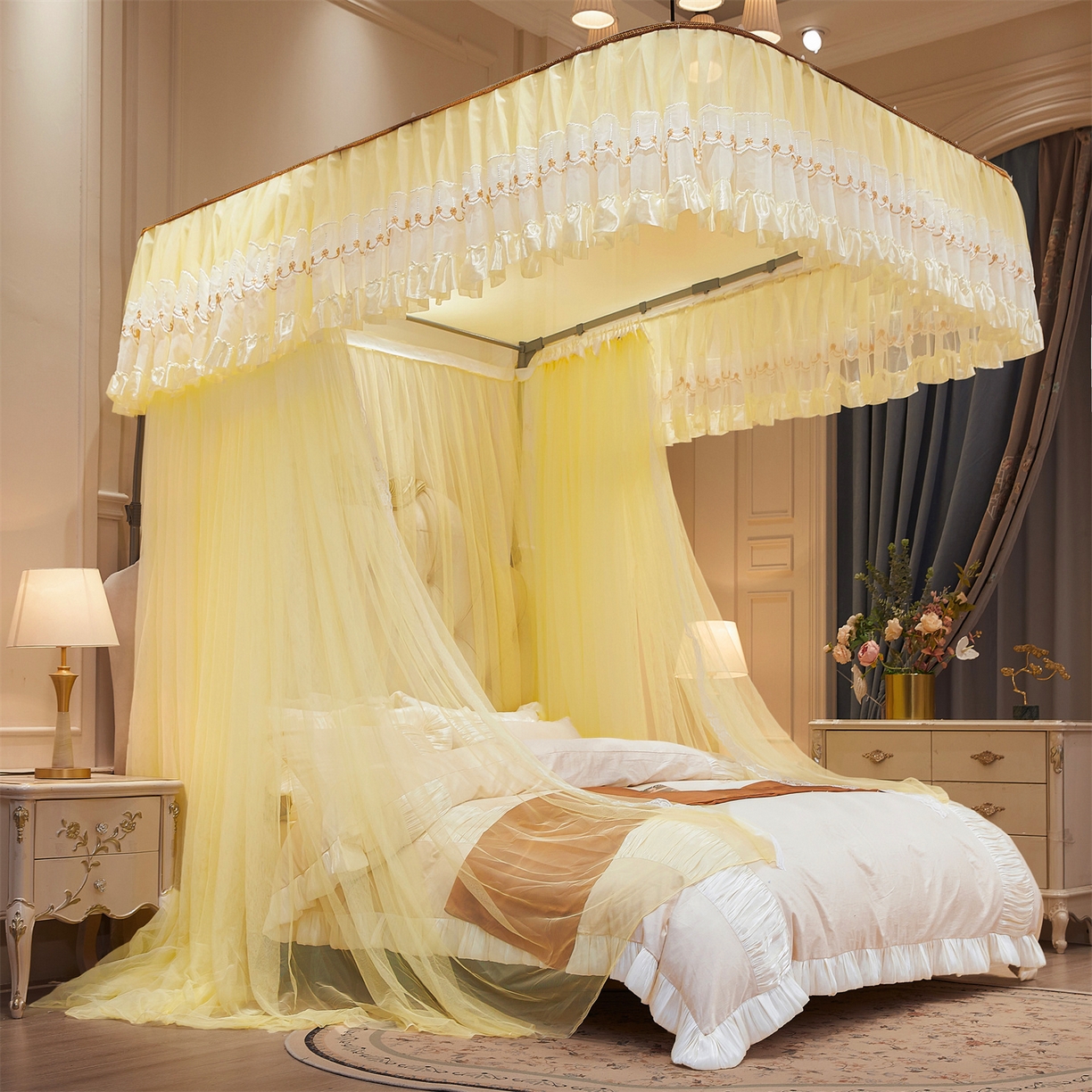 舞夜盛世 2026新款U型导轨落地宫廷蚊帐-花好月圆 花好月圆-黄色