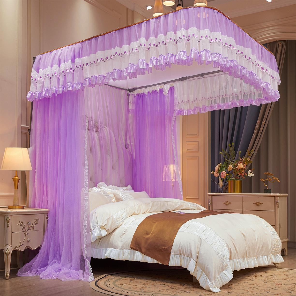 91家纺网 家纺一手货源 找家纺 舞夜盛世 2026新款U型导轨落地宫廷蚊帐-花好月圆 花好月圆-紫色