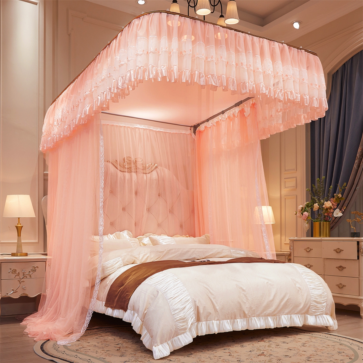 91家纺网 家纺一手货源 找家纺 舞夜盛世 2026新款U型导轨落地宫廷蚊帐-花好月圆 花好月圆-玉色