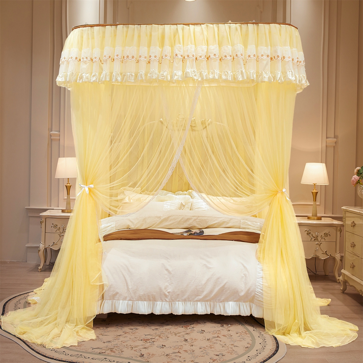 91家纺网 家纺一手货源 找家纺 舞夜盛世 2026新款U型导轨落地宫廷蚊帐-花好月圆 花好月圆-黄色