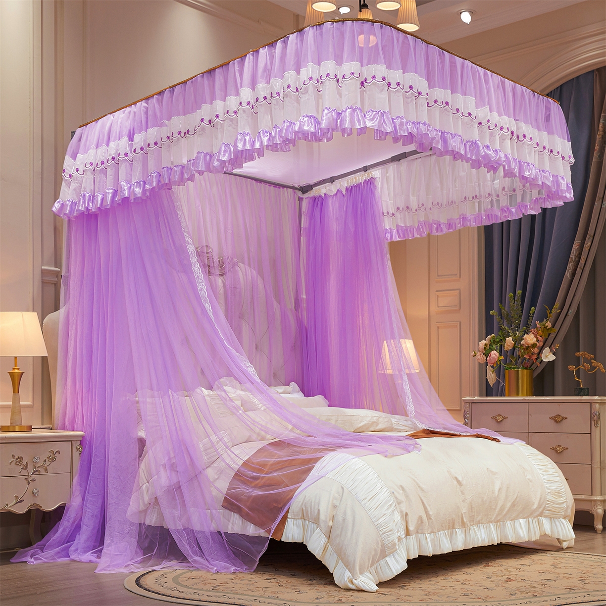 舞夜盛世 2026新款U型导轨落地宫廷蚊帐-花好月圆 花好月圆-紫色