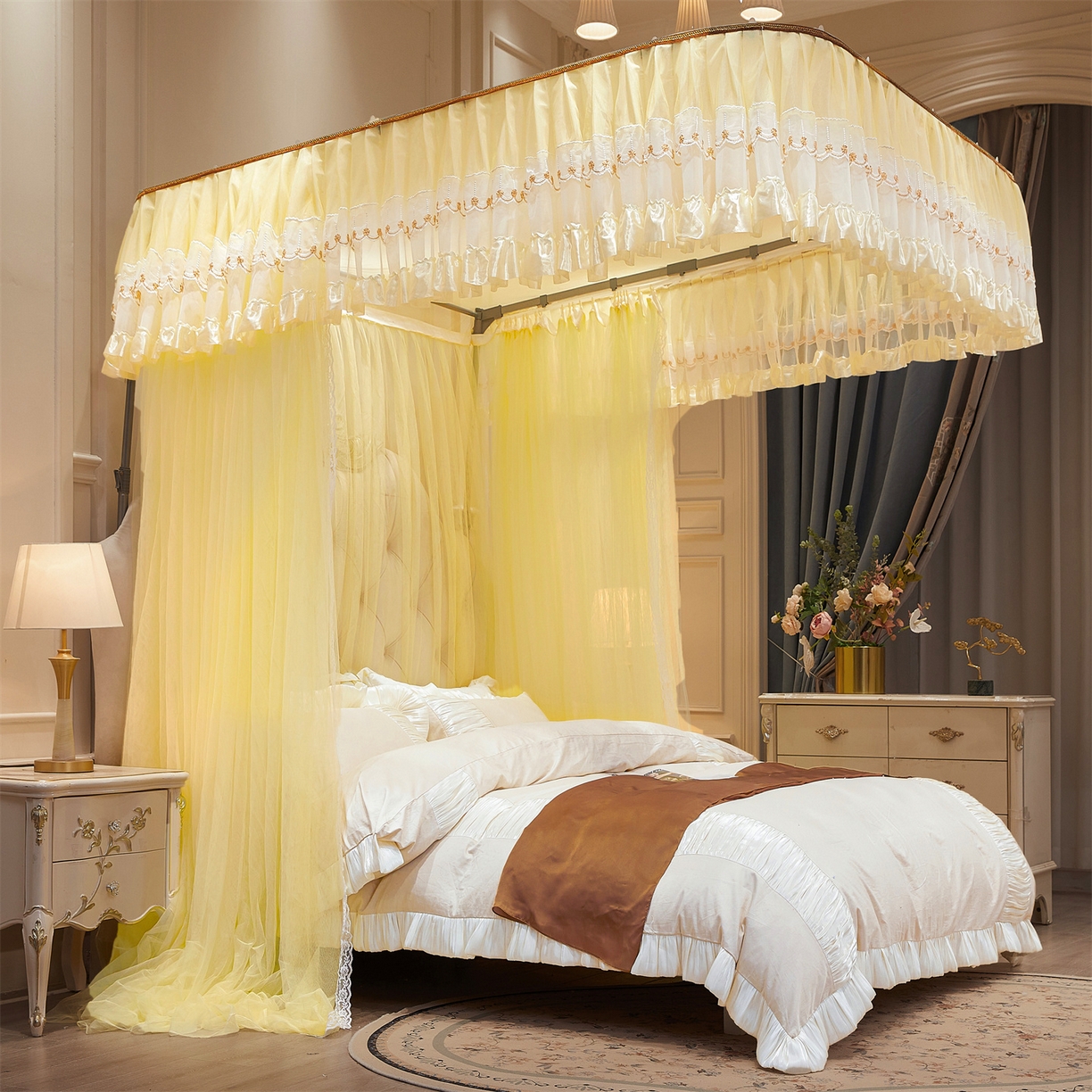 91家纺网 家纺一手货源 找家纺 舞夜盛世 2026新款U型导轨落地宫廷蚊帐-花好月圆 花好月圆-黄色