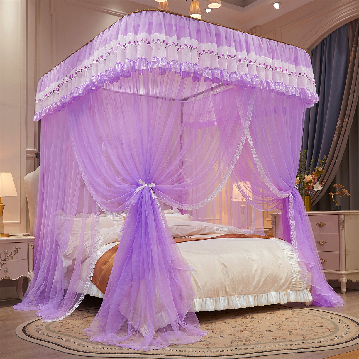 91家纺网 家纺一手货源 找家纺 舞夜盛世 2026新款U型导轨落地宫廷蚊帐-花好月圆 花好月圆-紫色
