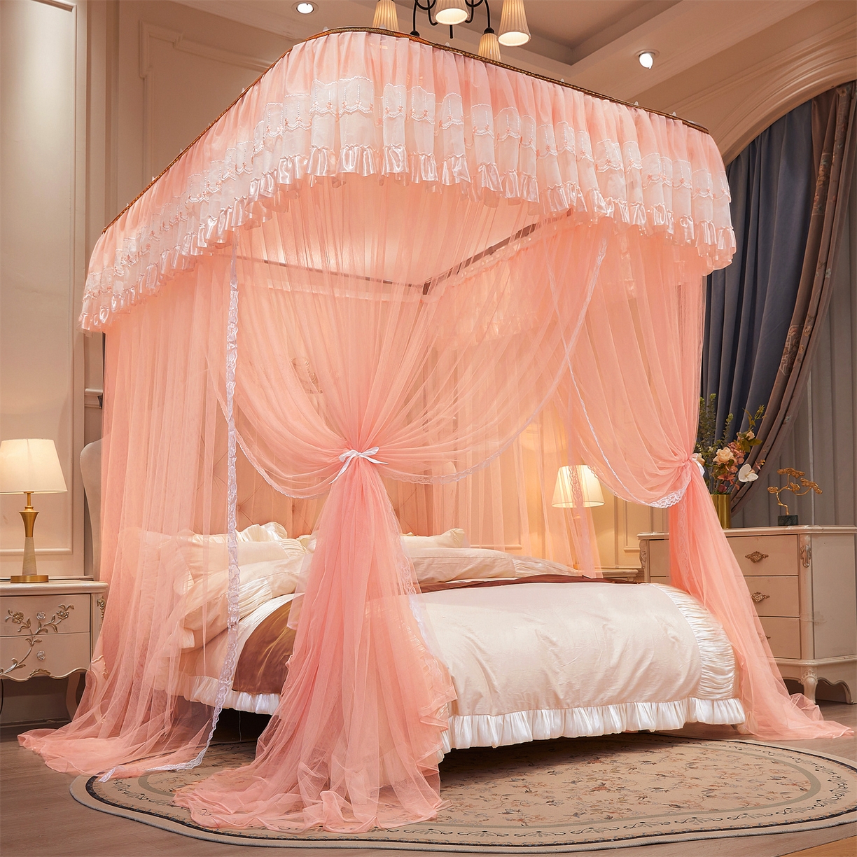 91家纺网 家纺一手货源 找家纺 舞夜盛世 2026新款U型导轨落地宫廷蚊帐-花好月圆 花好月圆-玉色