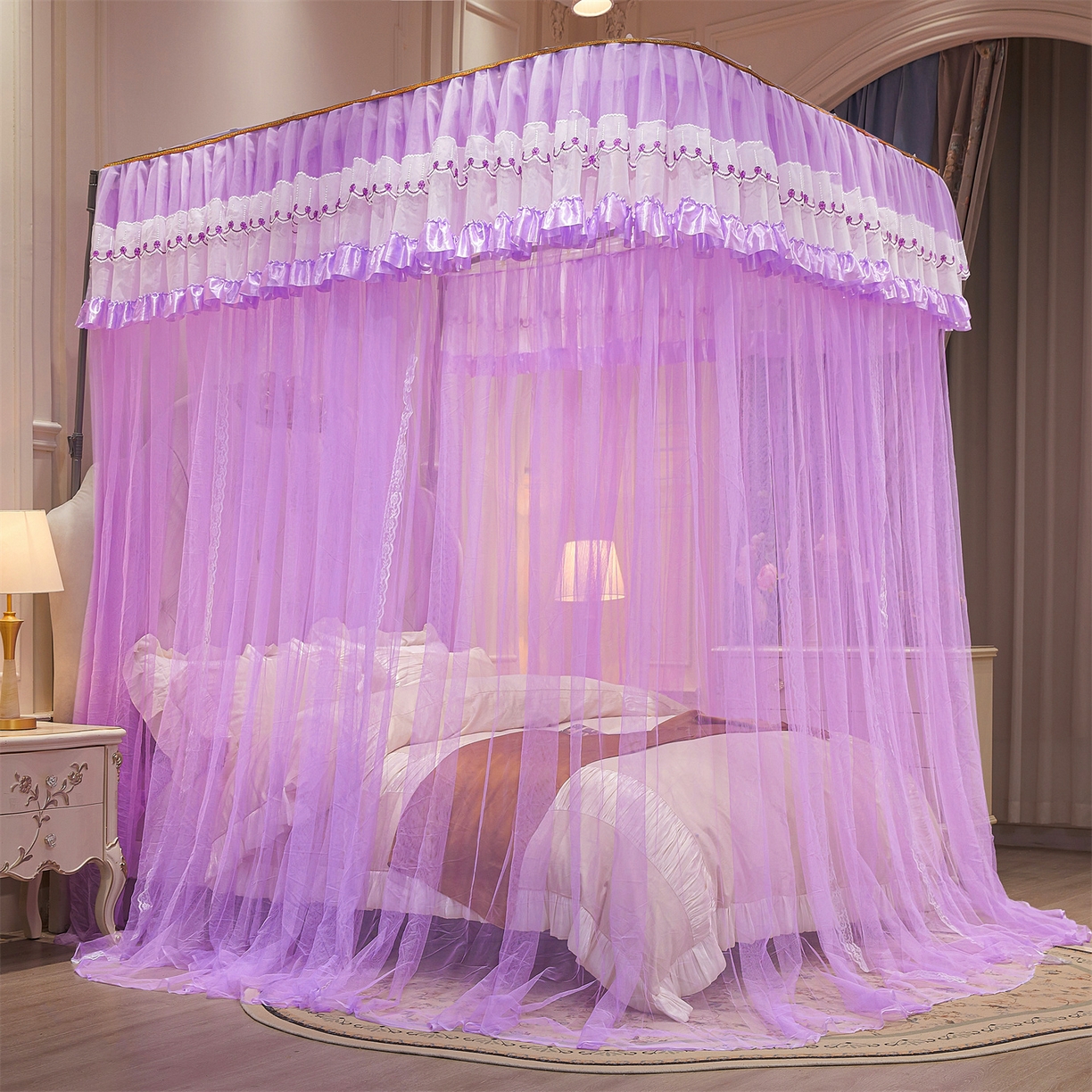 91家纺网 家纺一手货源 找家纺 舞夜盛世 2026新款U型导轨落地宫廷蚊帐-花好月圆 花好月圆-紫色