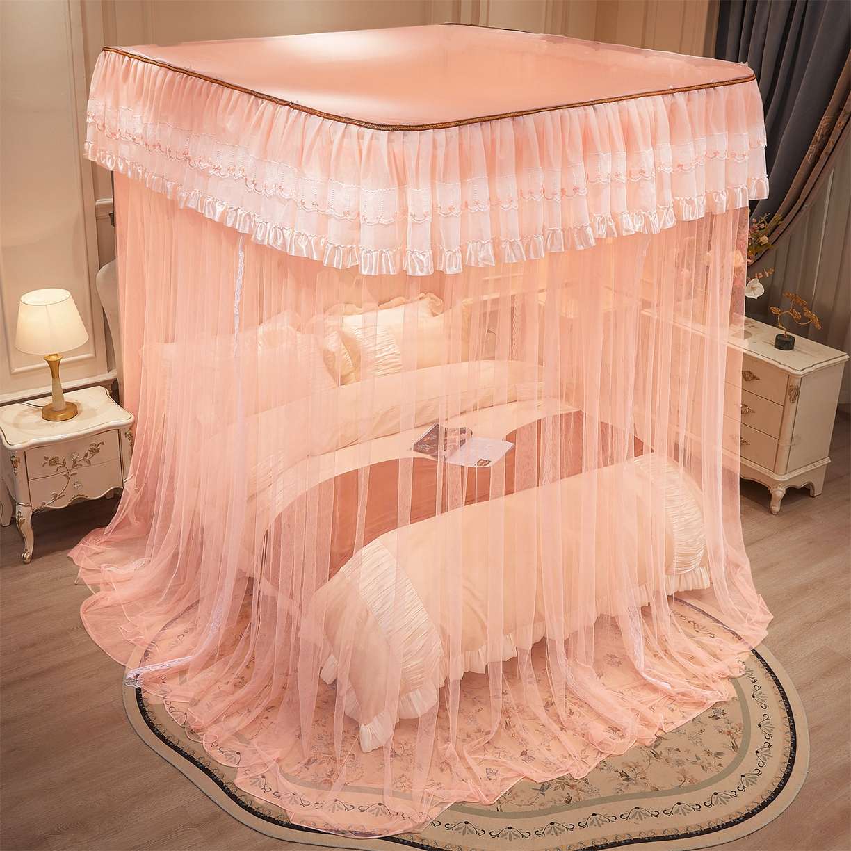 91家纺网 家纺一手货源 找家纺 舞夜盛世 2026新款U型导轨落地宫廷蚊帐-花好月圆 花好月圆-玉色