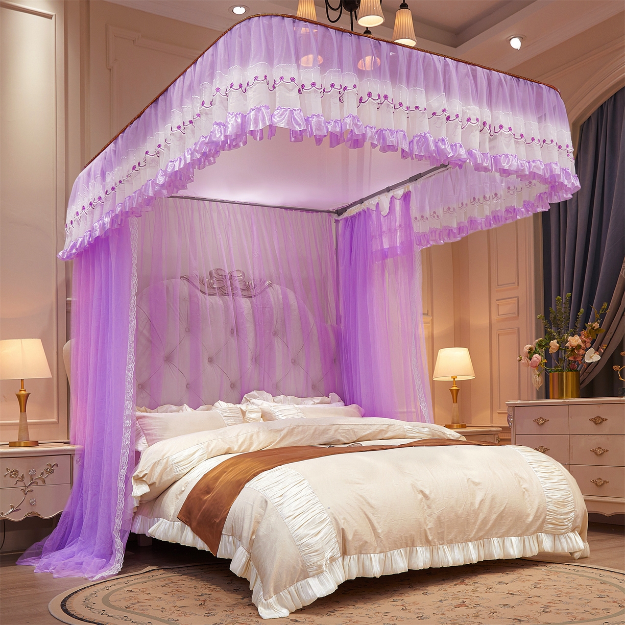 91家纺网 家纺一手货源 找家纺 舞夜盛世 2026新款U型导轨落地宫廷蚊帐-花好月圆 花好月圆-紫色