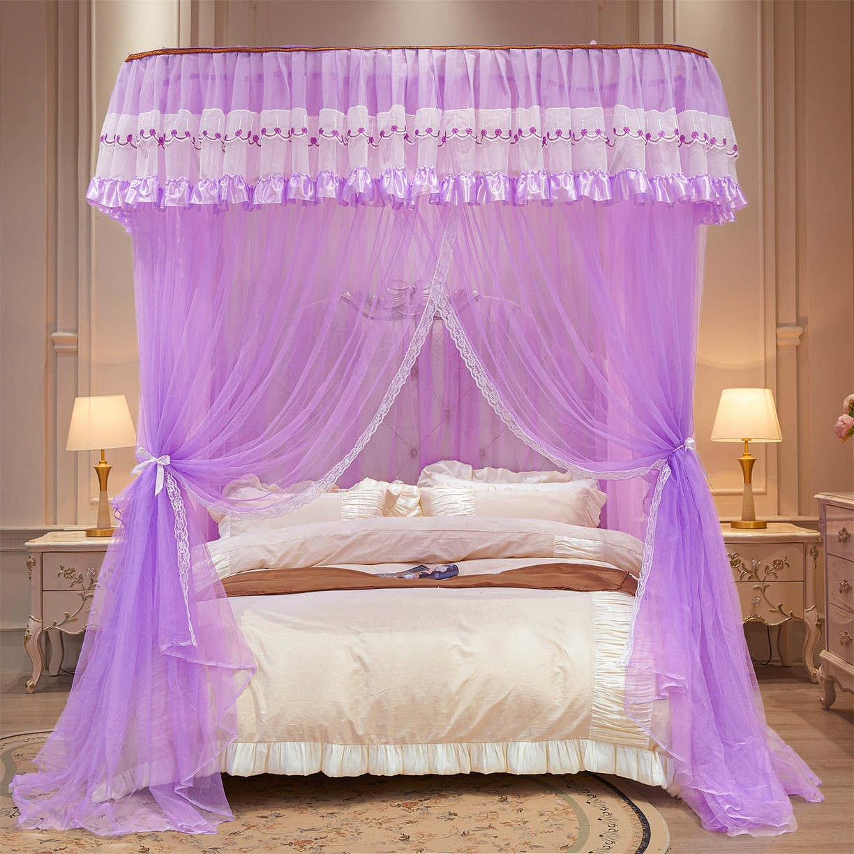 91家纺网 家纺一手货源 找家纺 舞夜盛世 2026新款U型导轨落地宫廷蚊帐-花好月圆 花好月圆-紫色