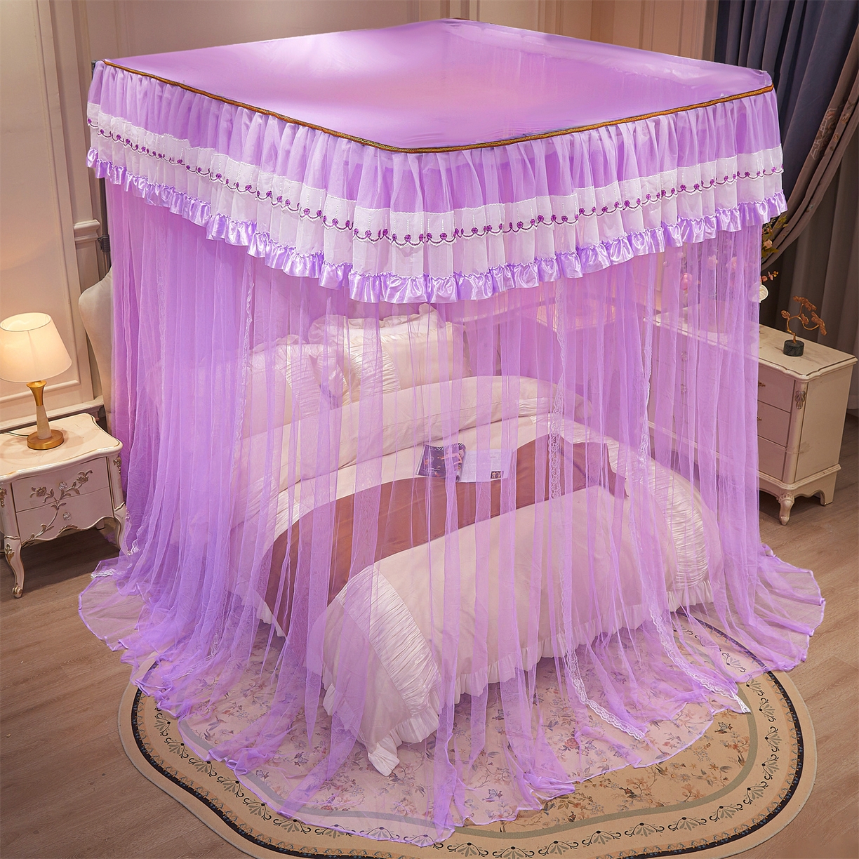 91家纺网 家纺一手货源 找家纺 舞夜盛世 2026新款U型导轨落地宫廷蚊帐-花好月圆 花好月圆-紫色