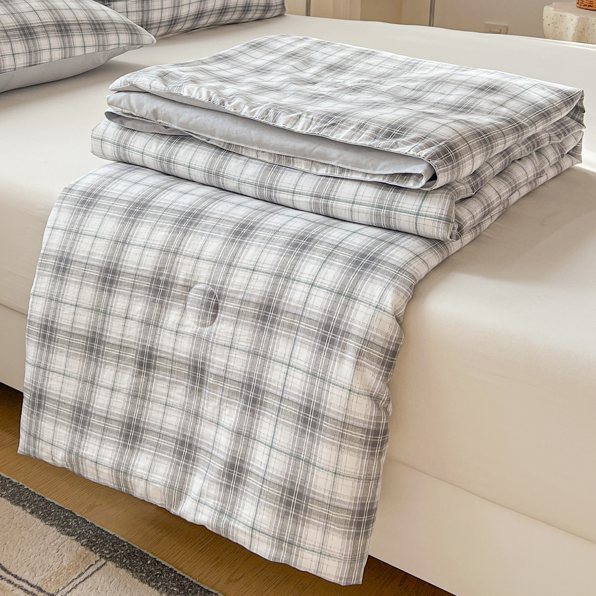 91家纺网 家纺一手货源 找家纺 纽缦家纺 2026新款水洗棉简约格子风夏被 暮春