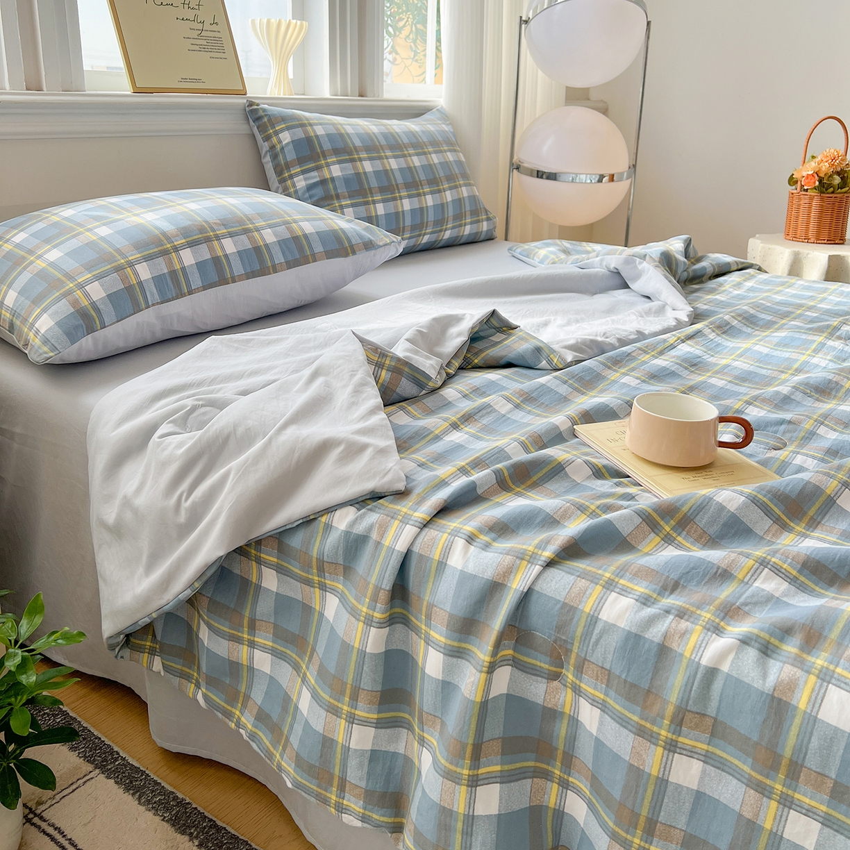 91家纺网 家纺一手货源 找家纺 纽缦家纺 2026新款水洗棉简约格子风夏被 简意