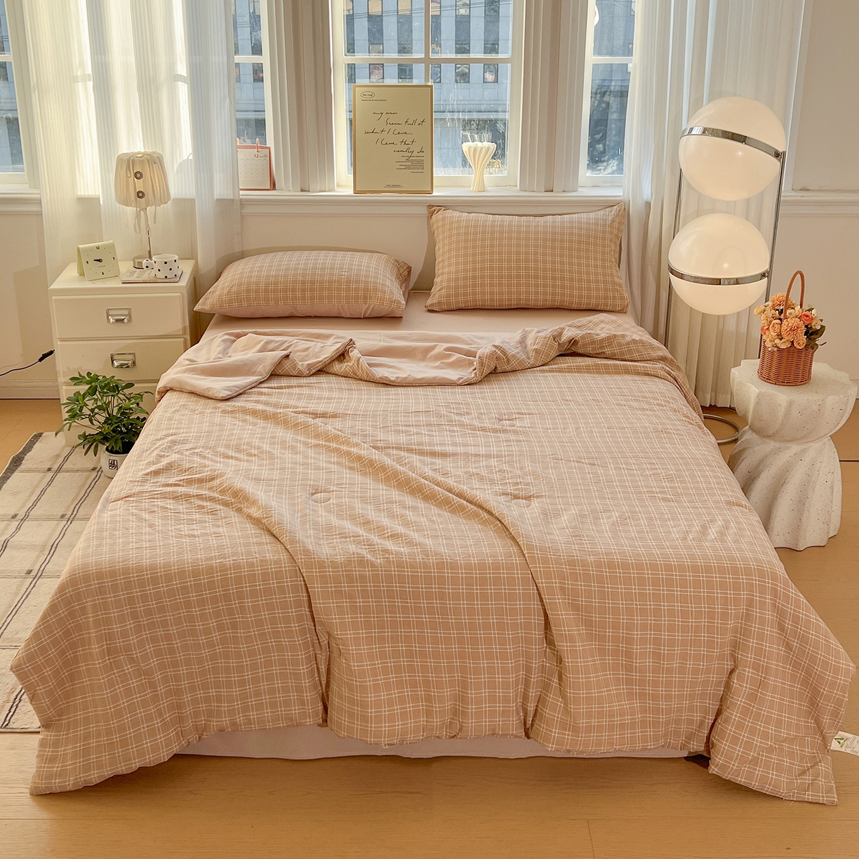 纽缦家纺 2026新款水洗棉简约格子风夏被 海之声咖